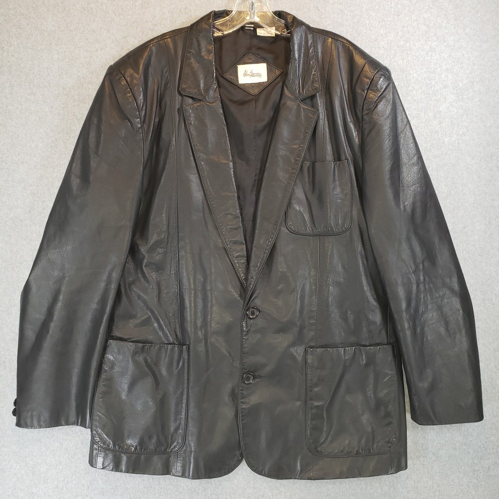Vintage Adam Spencer Leather Blazer Jacket Mens Black Sz 46 Pockets Button Front